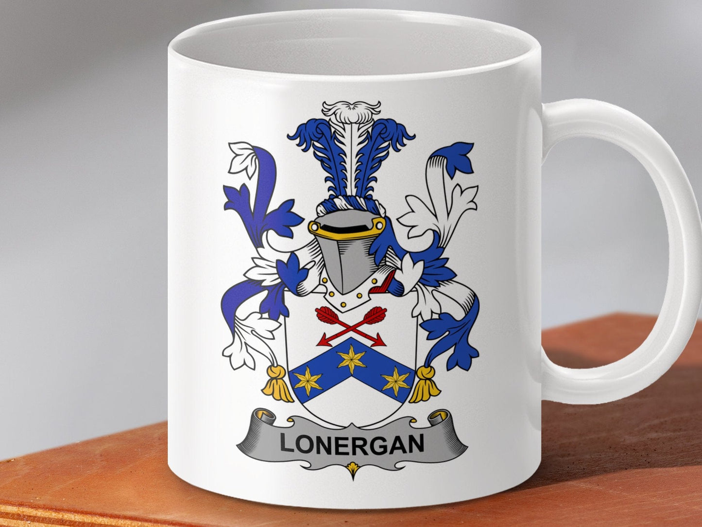 Physical Item 11oz / White Lonergan Surname Irish Heraldry Ceramic Mug