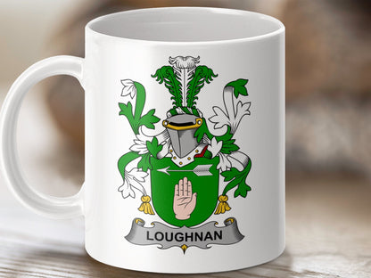 Physical Item 11oz / White Loughnan Surname Irish Heraldry Ceramic Mug