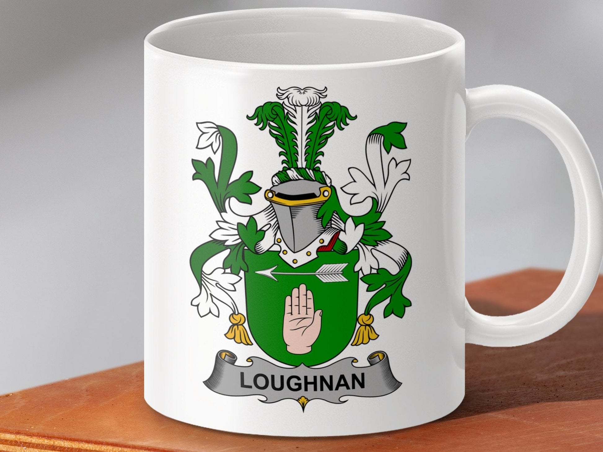 Physical Item 11oz / White Loughnan Surname Irish Heraldry Ceramic Mug