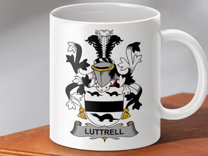 Physical Item 11oz / White Luttrell Surname Irish Heraldry Ceramic Mug