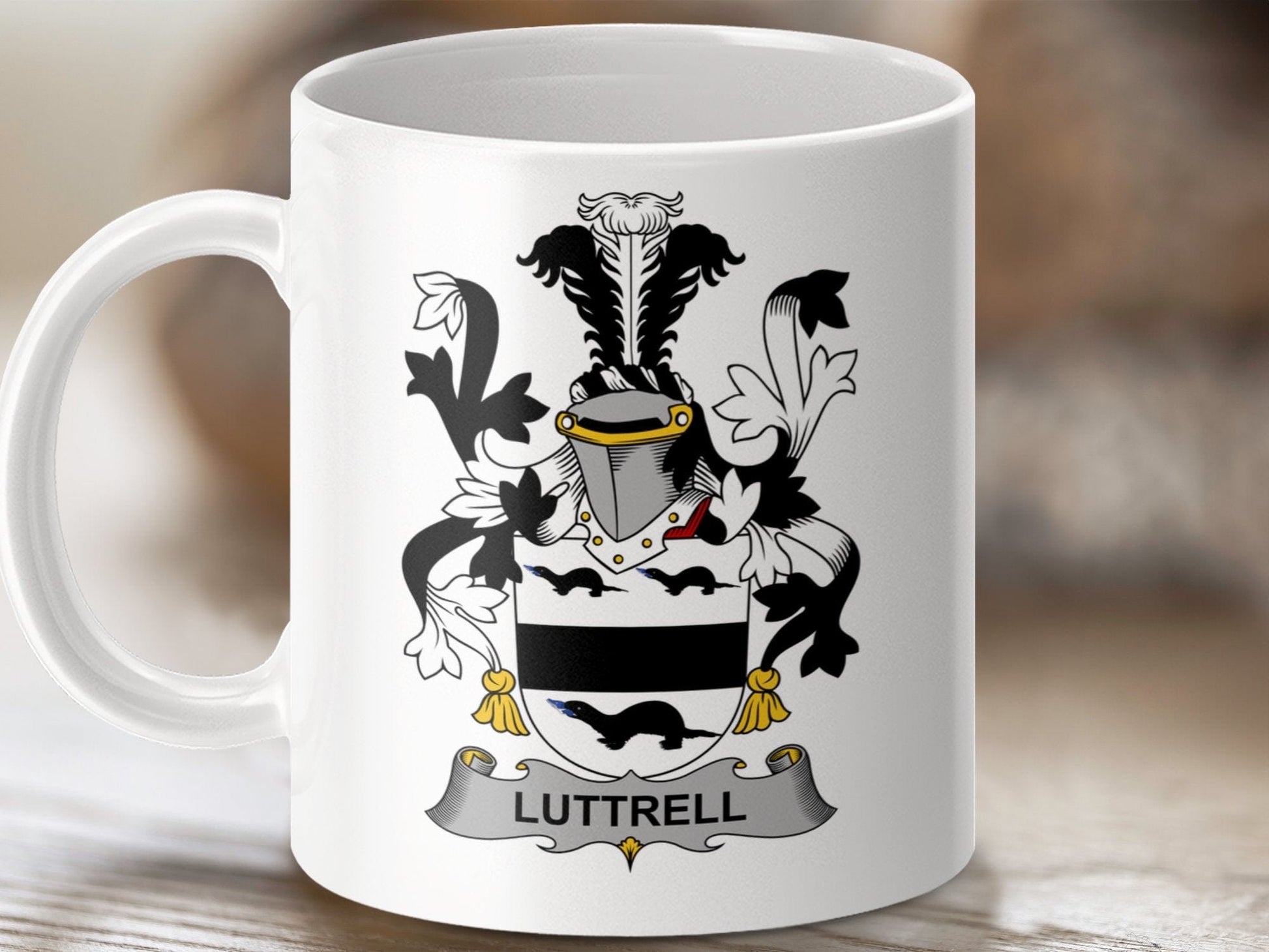 Physical Item 11oz / White Luttrell Surname Irish Heraldry Ceramic Mug