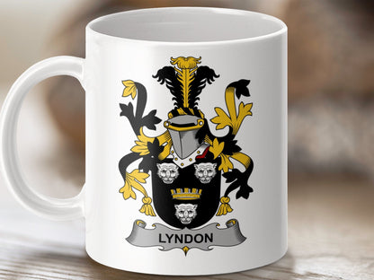 Physical Item 11oz / White Lyndon Surname Irish Heraldry Ceramic Mug