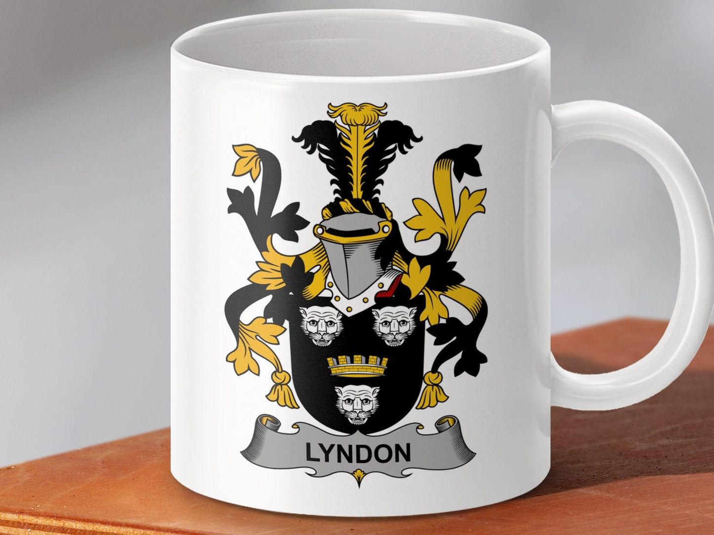 Physical Item 11oz / White Lyndon Surname Irish Heraldry Ceramic Mug