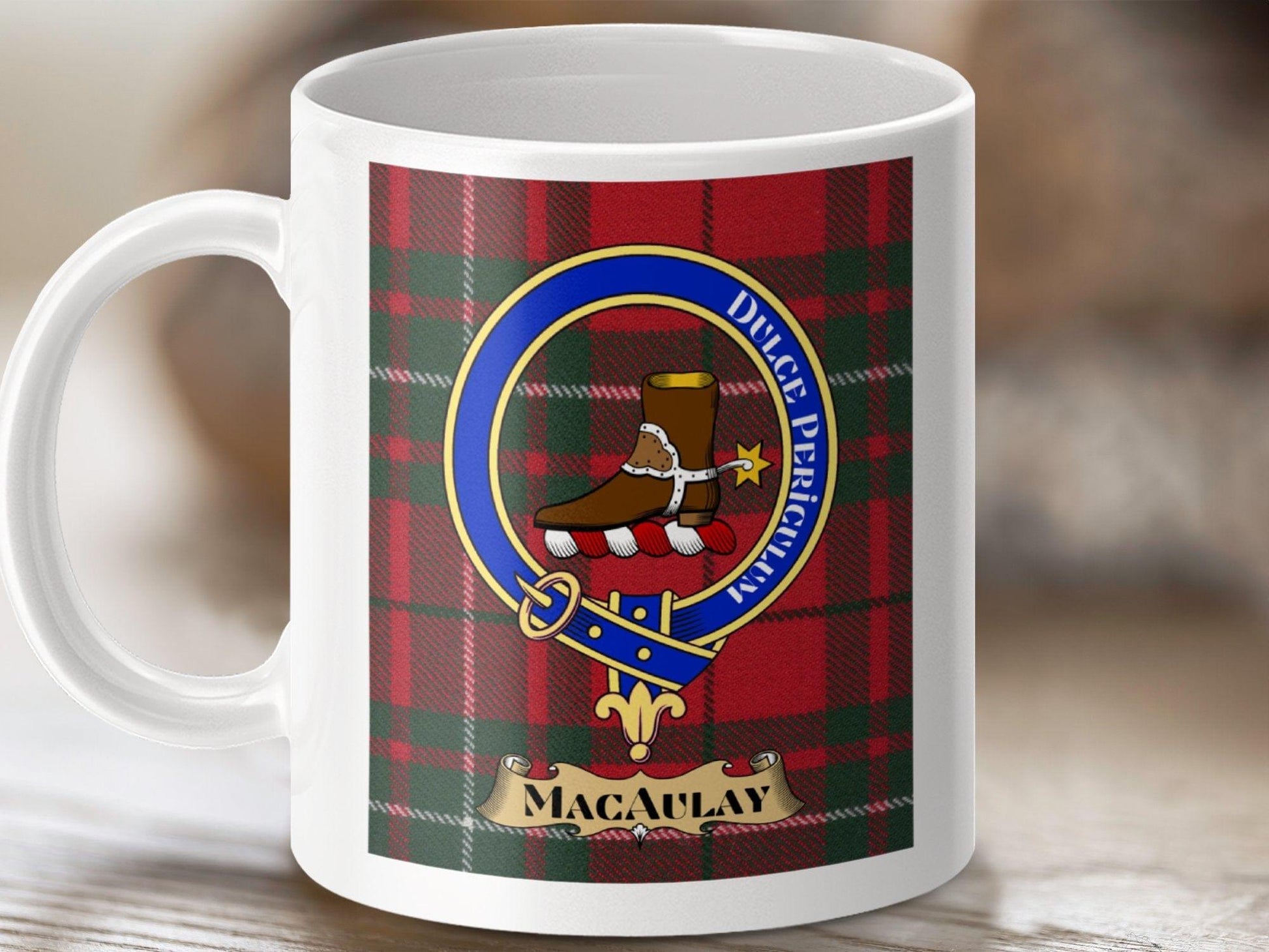 Physical Item 11oz / White MacAulay Clan Scottish Tartan Crest Mug