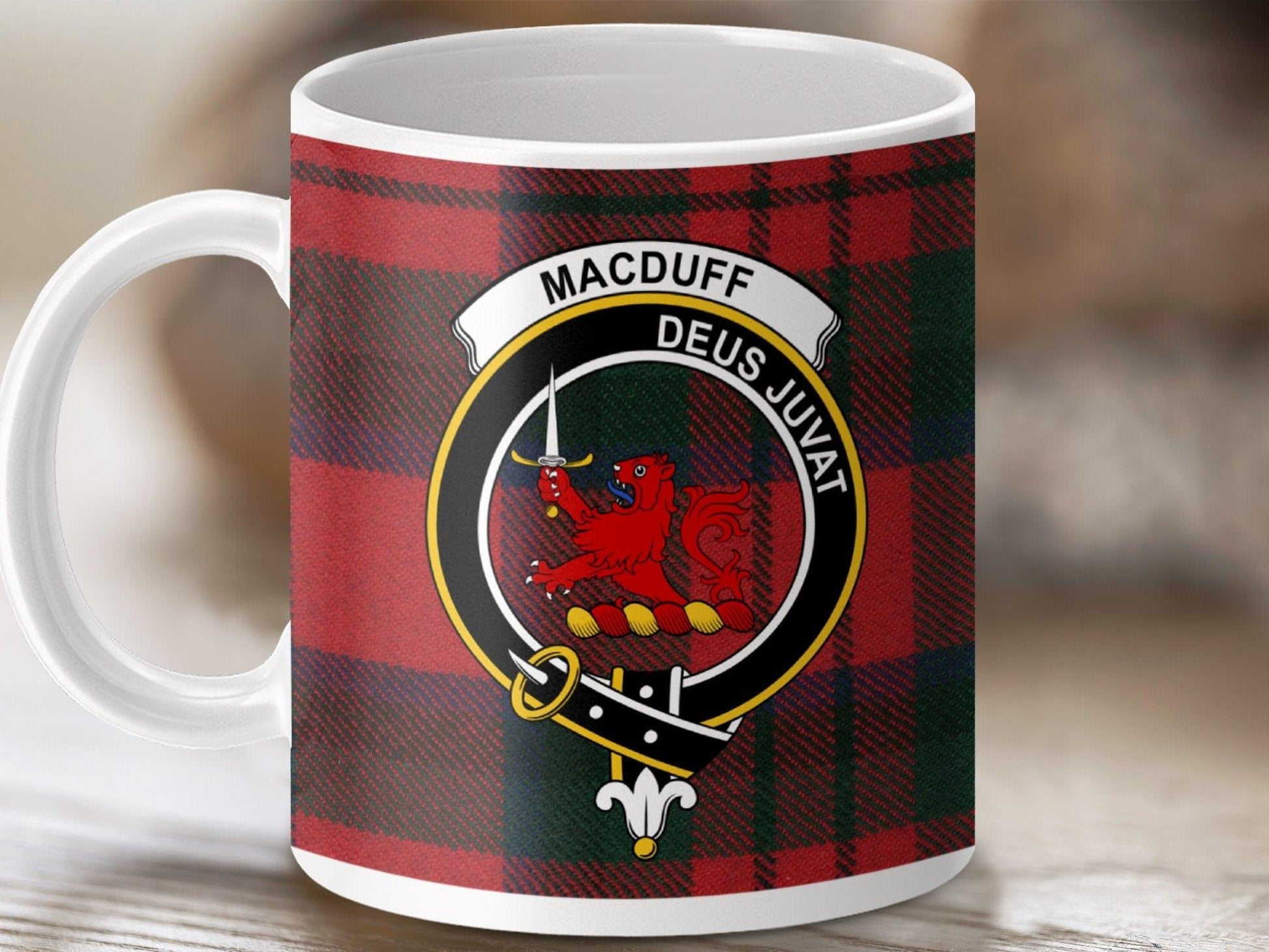 Physical Item 11oz / White Macduff Clan Crest Tartan Scottish Mug