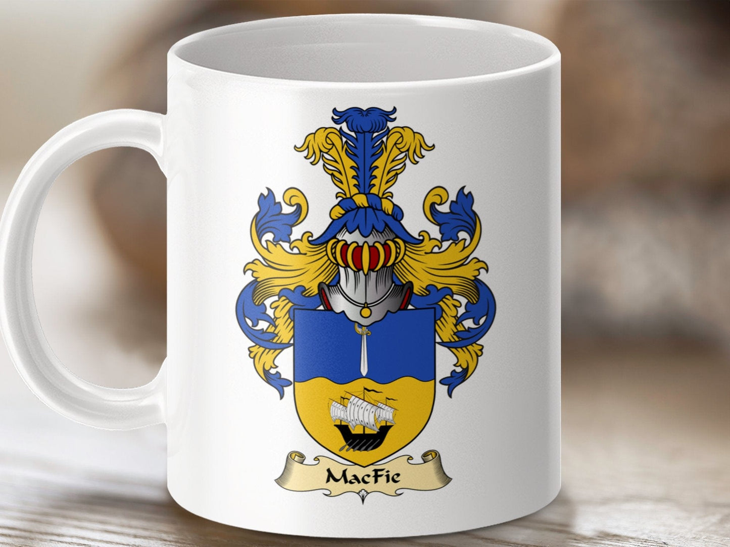 Physical Item 11oz / White Macfie Clan Coat Of Arms Scottish Crest Emblem mug