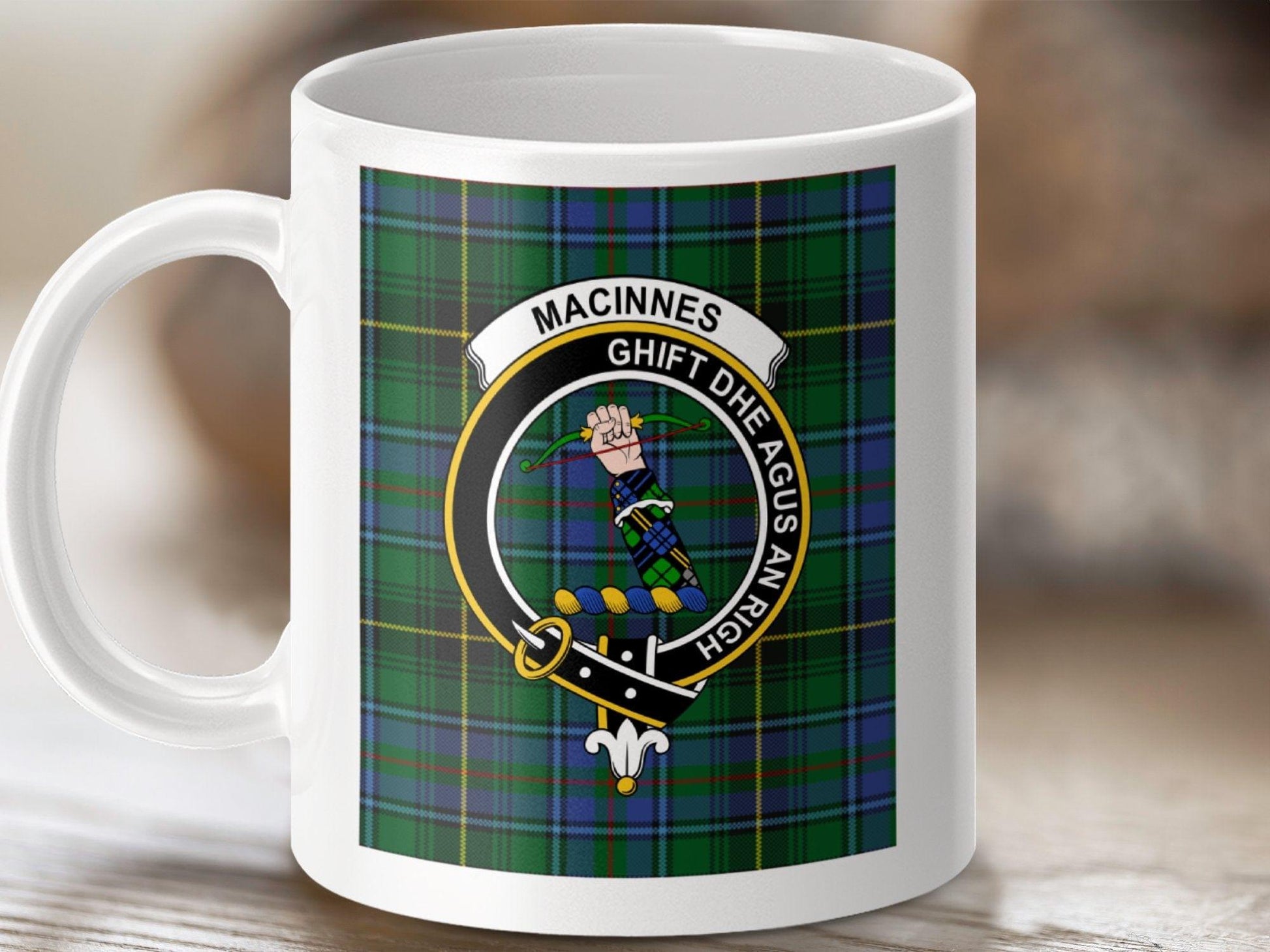 Physical Item 11oz / White MacInnes Clan Scottish Tartan Crest Mug