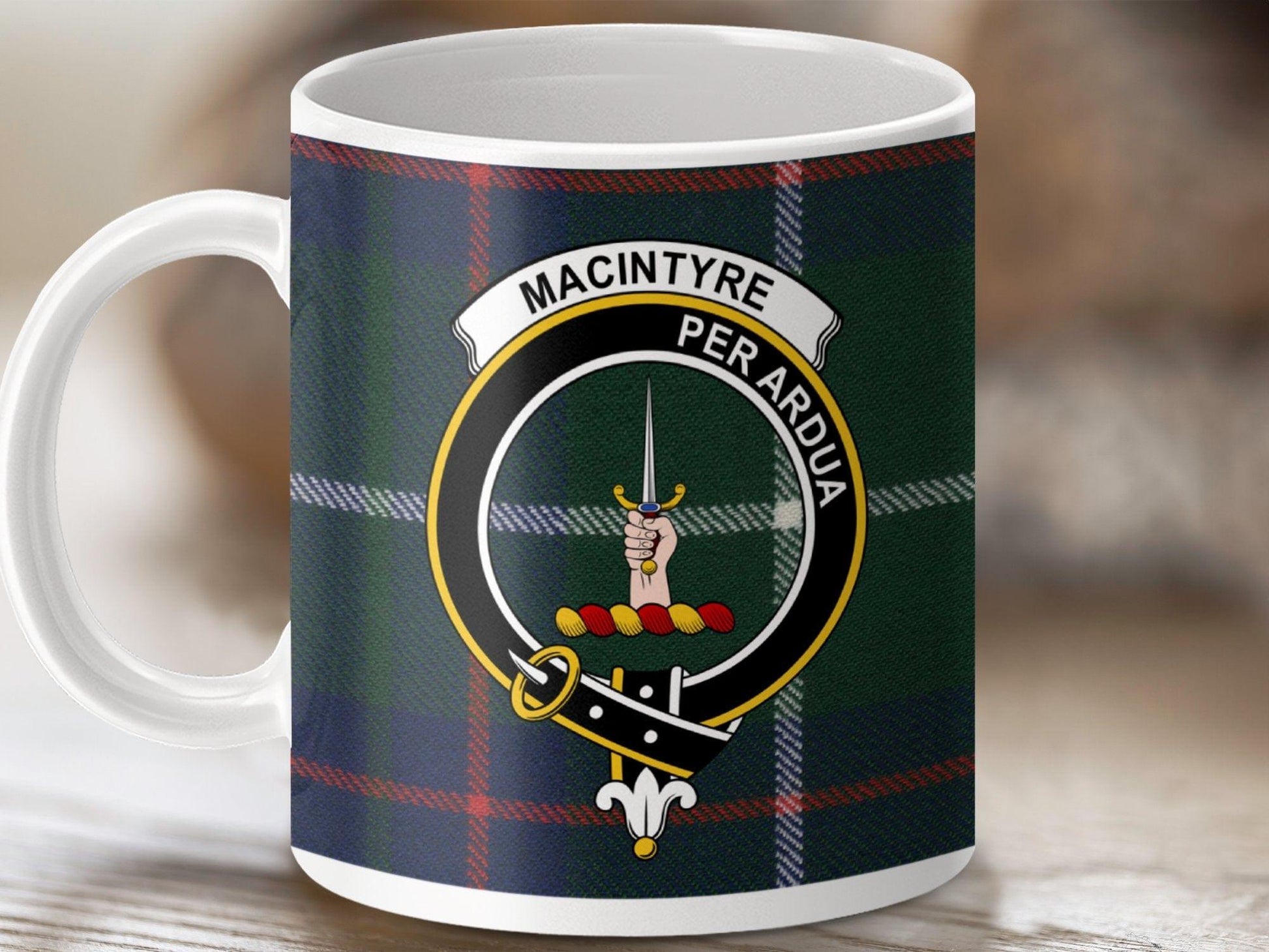 Physical Item 11oz / White MacIntyre Clan Crest Tartan Scottish Mug