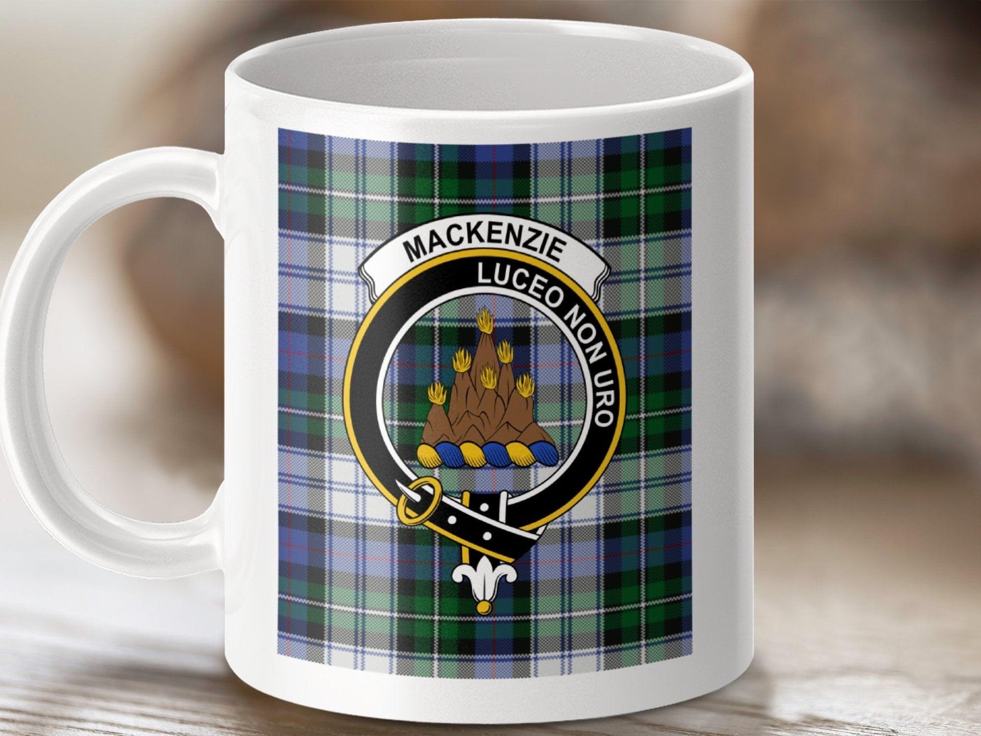 Physical Item 11oz / White MacKenzie Clan Scottish Tartan Crest Mug