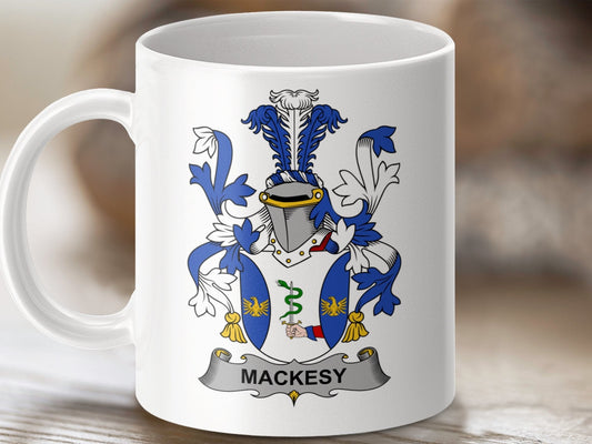 Physical Item 11oz / White Mackesy Surname Irish Heraldry Ceramic Mug