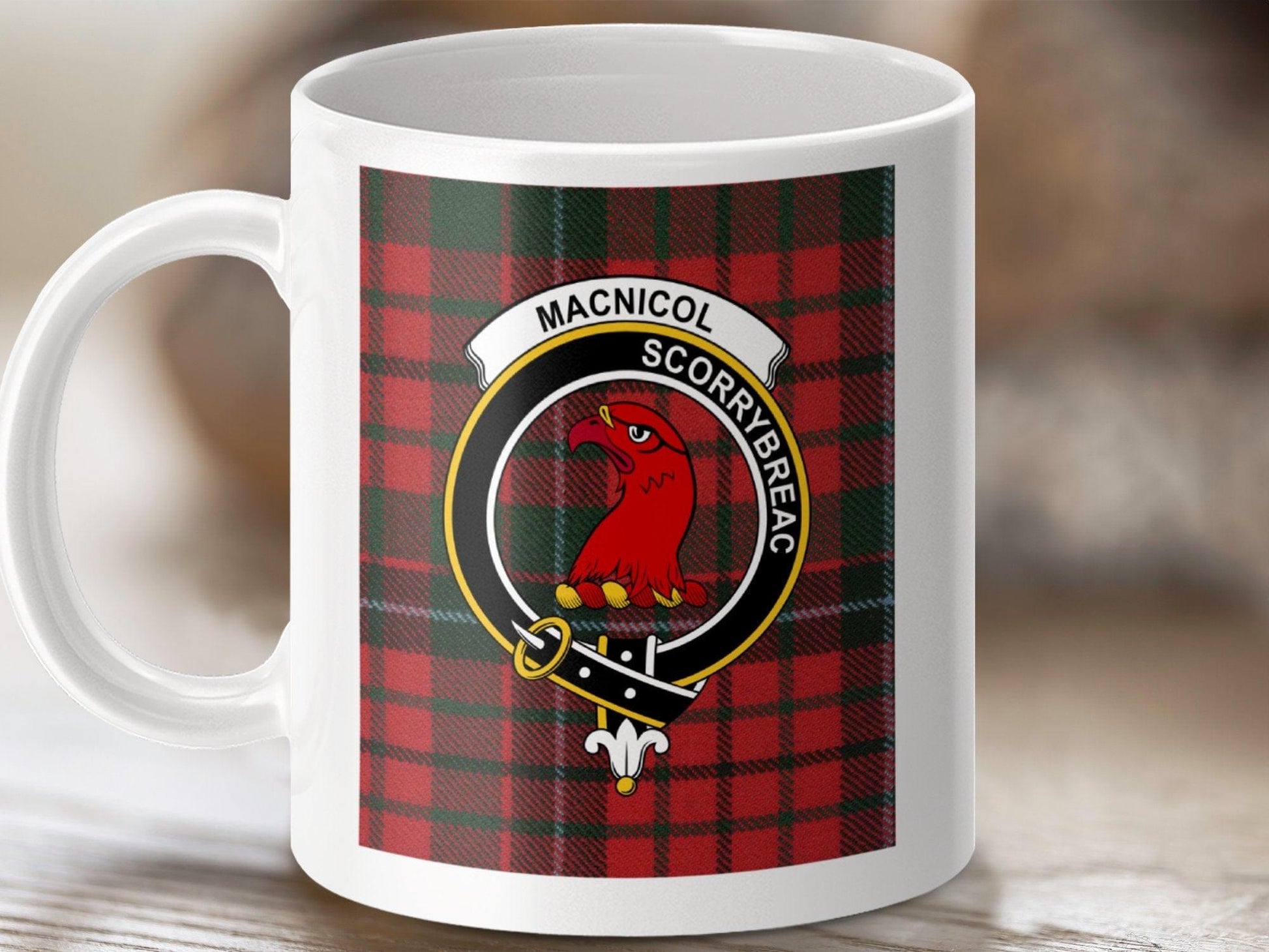 Physical Item 11oz / White MacNicol Clan Scottish Tartan Crest Mug