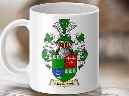 Physical Item 11oz / White MacQuarrie Clan Coat of Arms Scottish Clan Mug