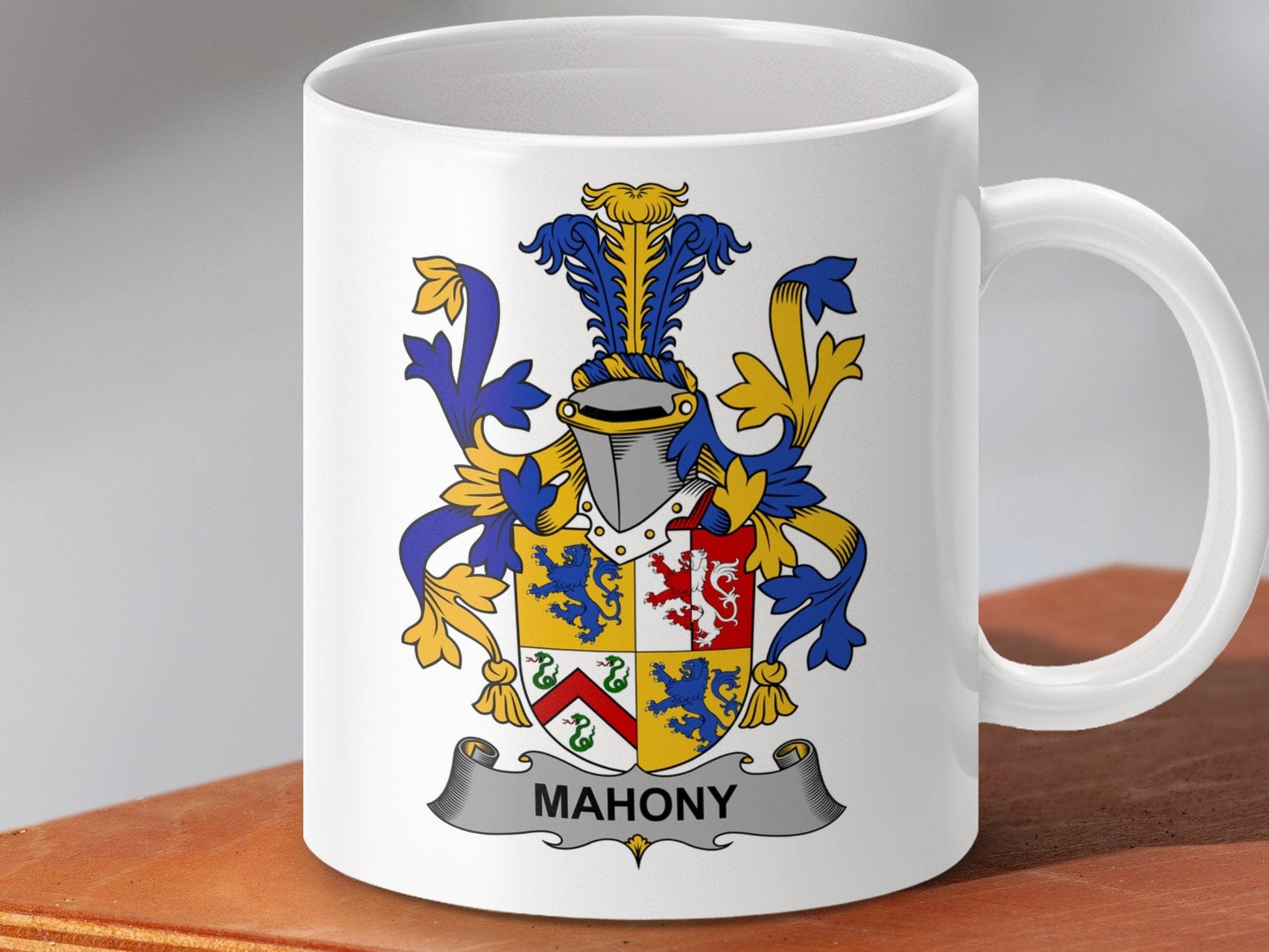 Physical Item 11oz / White Mahony Surname Irish Heraldry Ceramic Mug