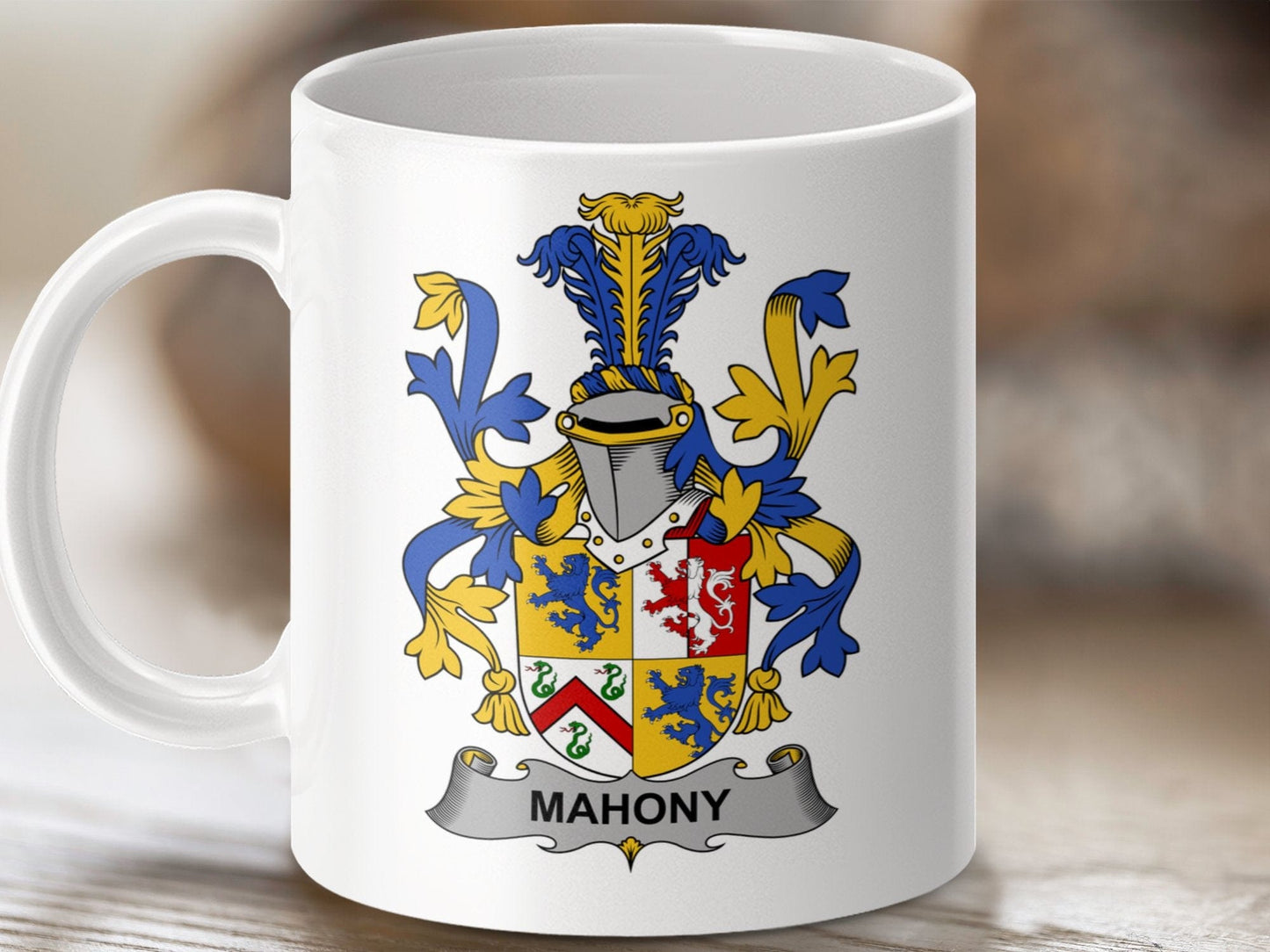 Physical Item 11oz / White Mahony Surname Irish Heraldry Ceramic Mug