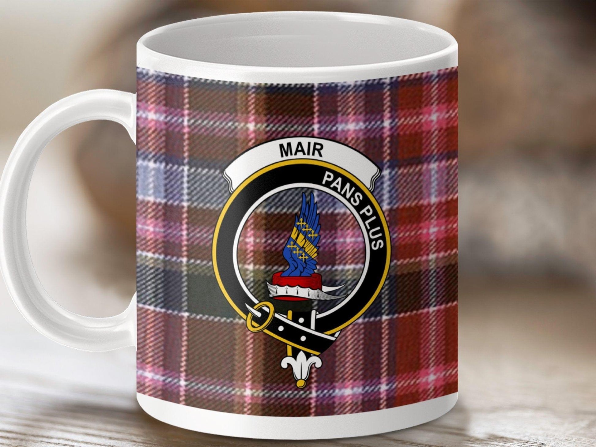 Physical Item 11oz / White Mair Clan Crest Tartan Scottish Mug