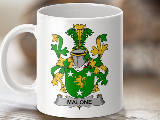 Physical Item 11oz / White Malone Surname Irish Heraldry Ceramic Mug