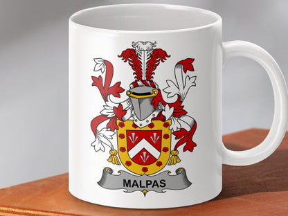 Physical Item 11oz / White Malpas Surname Irish Heraldry Ceramic Mug