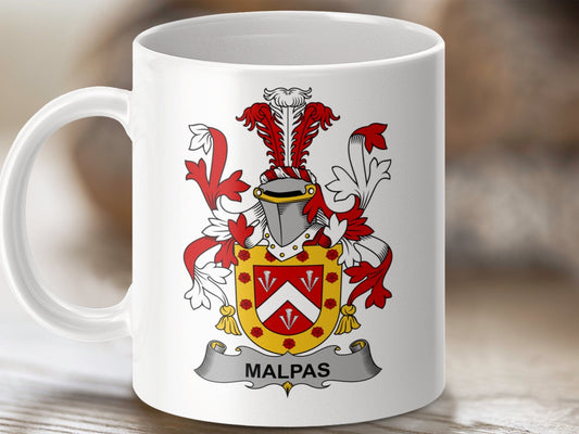 Physical Item 11oz / White Malpas Surname Irish Heraldry Ceramic Mug