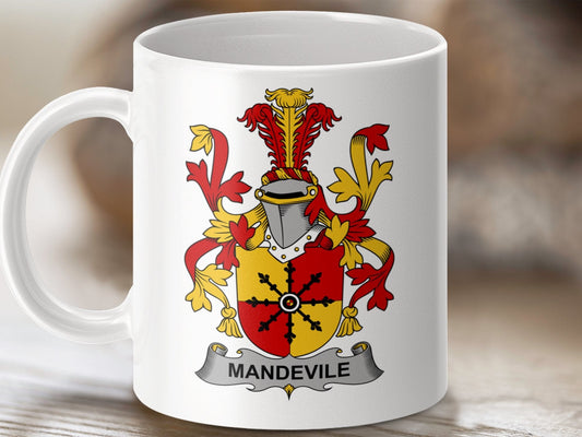 Physical Item 11oz / White Mandeville Surname Irish Heraldry Ceramic Mug