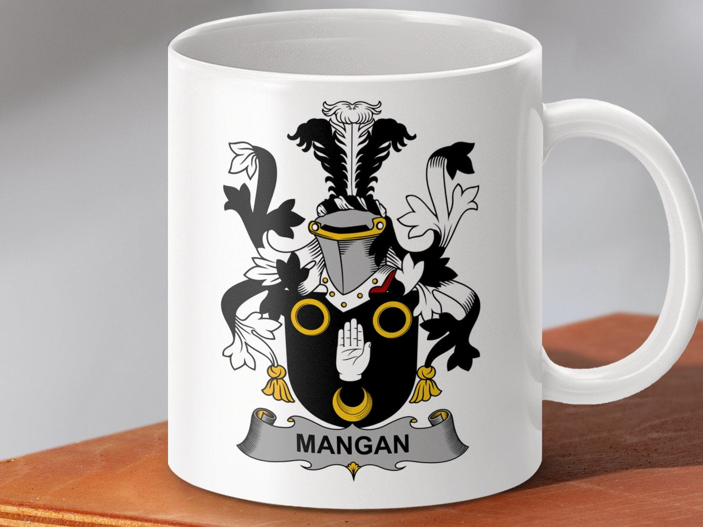 Physical Item 11oz / White Mangan Surname Irish Heraldry Crest Design Mug