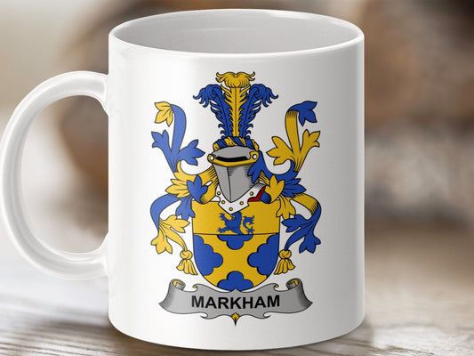 Physical Item 11oz / White Markham Surname Irish Heraldry Ceramic Mug