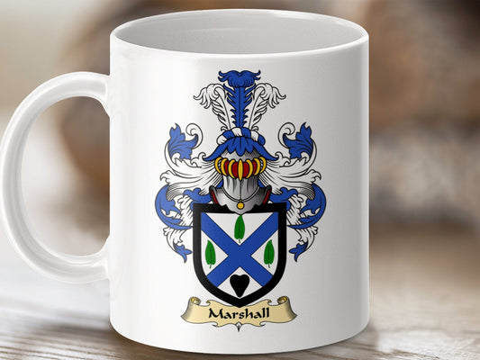 Physical Item 11oz / White Marshall Clan Coat Of Arms Scottish mug