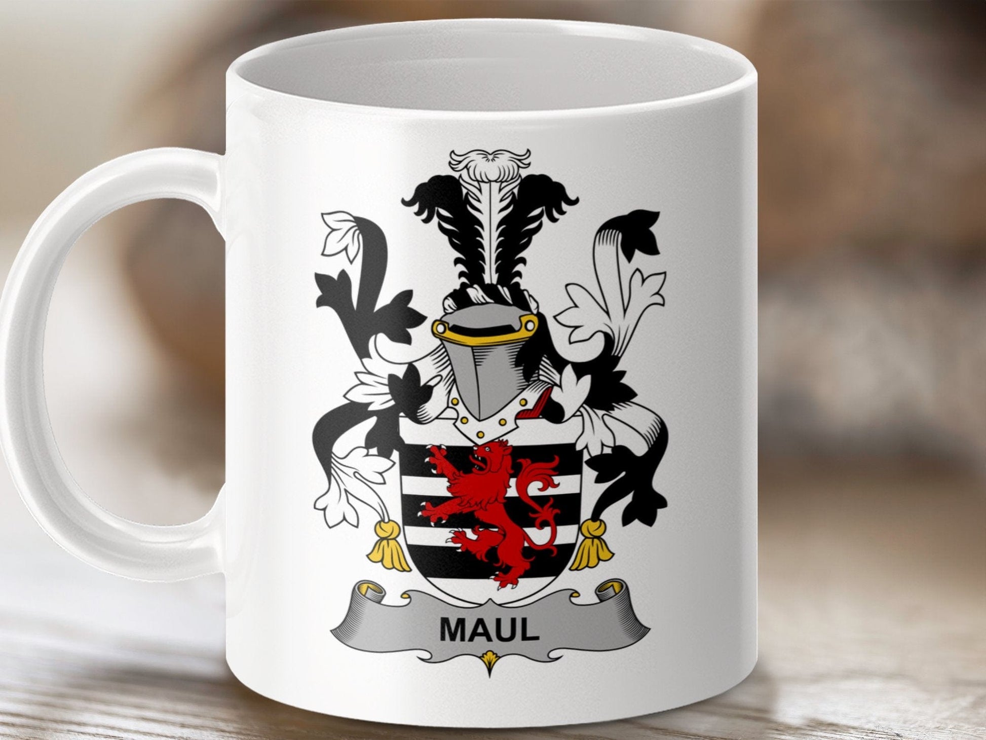 Physical Item 11oz / White Maul Surname Irish Heraldry Ceramic Mug