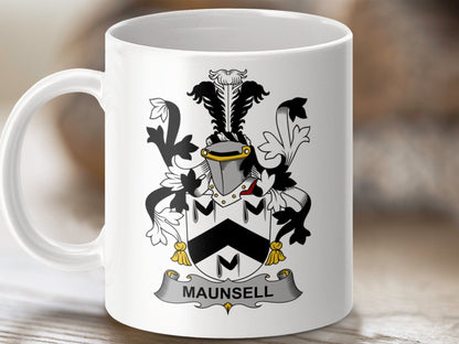 Physical Item 11oz / White Maunsell Surname Irish Heraldry Ceramic Mug