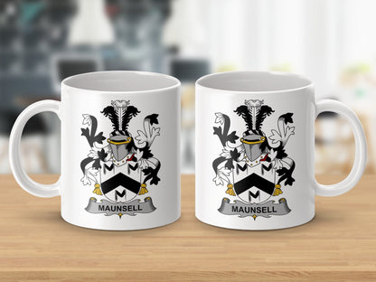 Physical Item 11oz / White Maunsell Surname Irish Heraldry Ceramic Mug