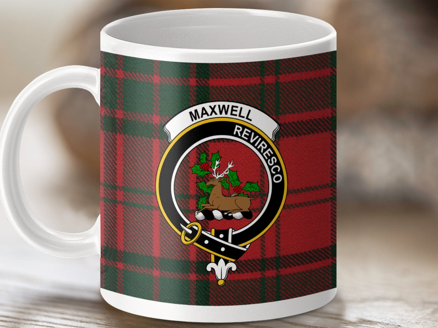 Physical Item 11oz / White Maxwell Clan Crest Tartan Scottish Mug