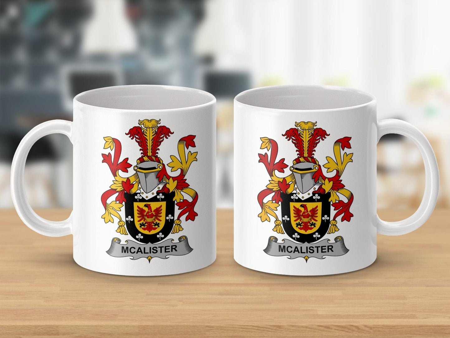 Physical Item 11oz / White McAlister Surname Irish Heraldry Ceramic Mug