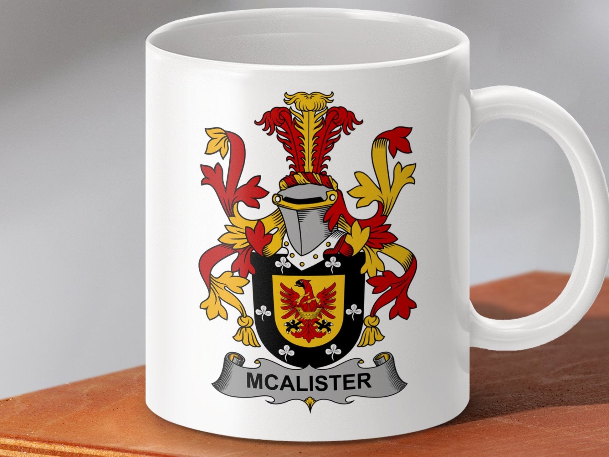 Physical Item 11oz / White McAlister Surname Irish Heraldry Ceramic Mug