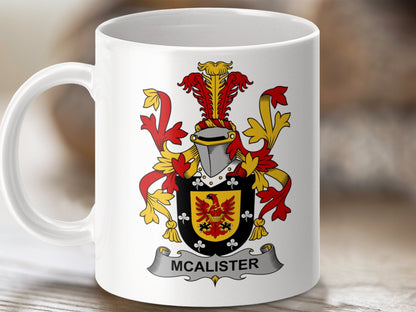 Physical Item 11oz / White McAlister Surname Irish Heraldry Ceramic Mug