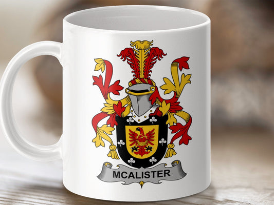 Physical Item 11oz / White McAlister Surname Irish Heraldry Ceramic Mug