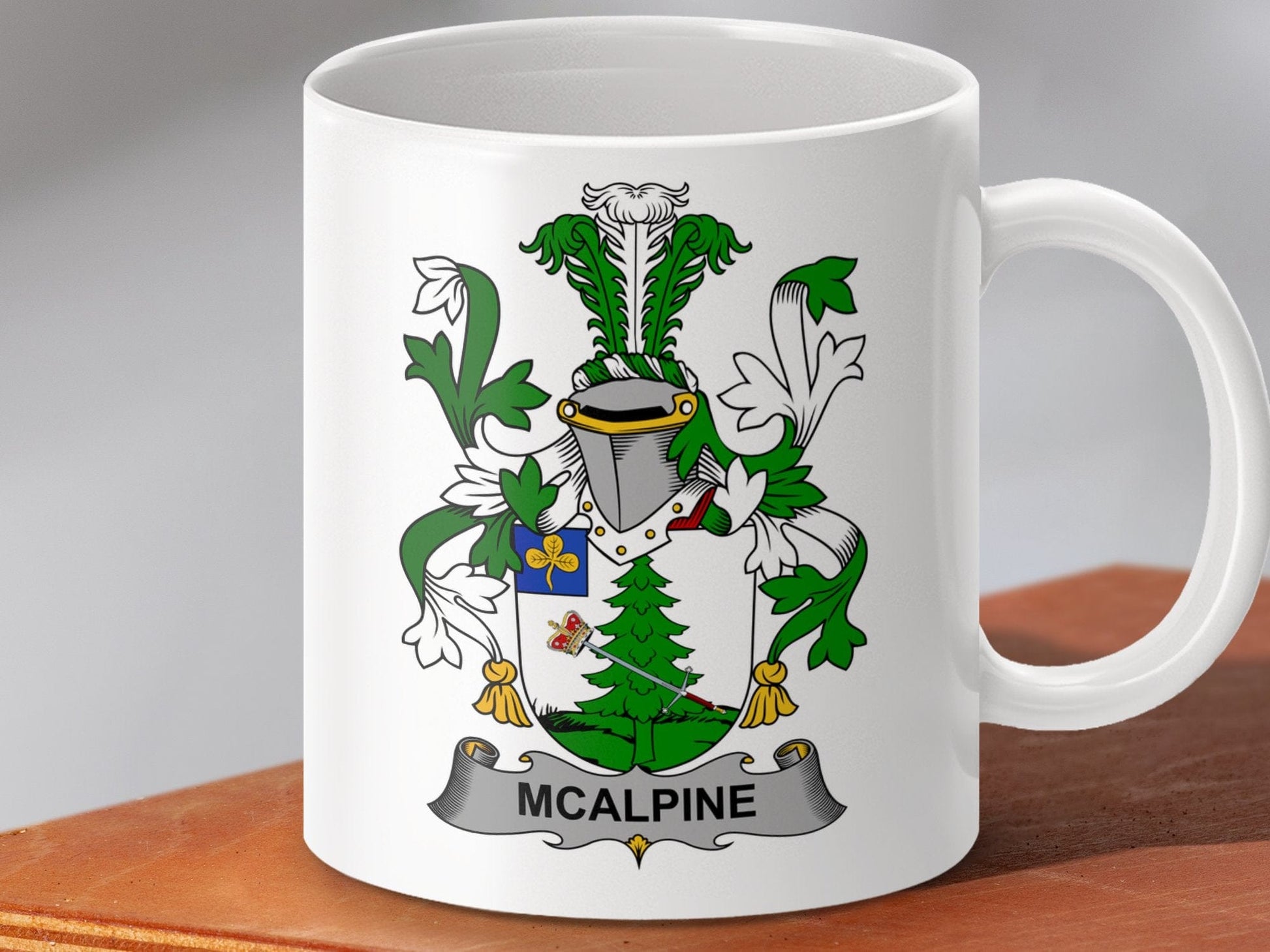 Physical Item 11oz / White McAlpine Surname Irish Heraldry Ceramic Mug