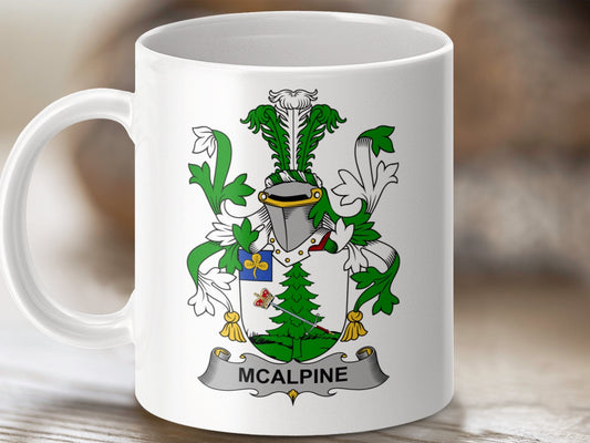 Physical Item 11oz / White McAlpine Surname Irish Heraldry Ceramic Mug