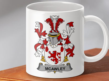 Physical Item 11oz / White Mcawley Surname Irish Heraldry Ceramic Mug