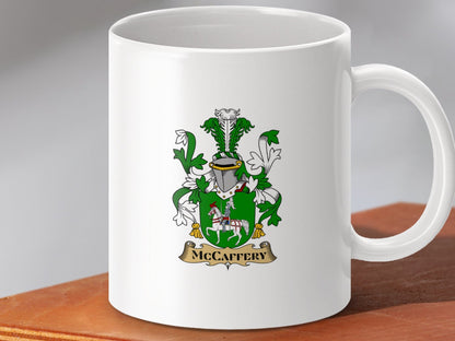 Physical Item 11oz / White McCaffery Surname Irish Heraldry Emblem Mug