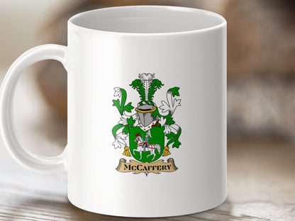 Physical Item 11oz / White McCaffery Surname Irish Heraldry Emblem Mug