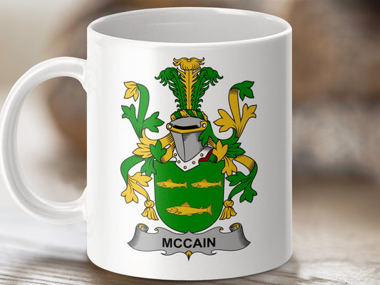 Physical Item 11oz / White McCain Surname Irish Heraldry Ceramic Mug