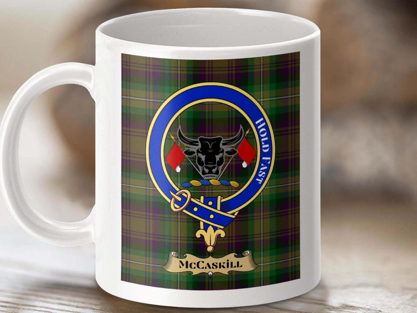 Physical Item 11oz / White McCaskill Clan Scottish Tartan Crest Mug