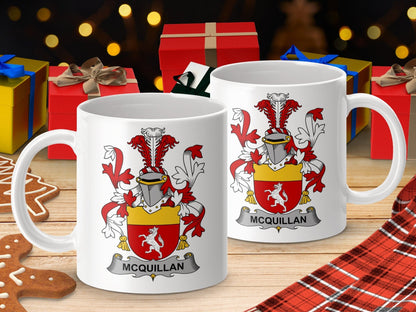 Physical Item 11oz / White McQuillan Surname Irish Heraldry Ceramic Mug