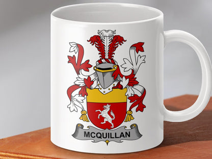 Physical Item 11oz / White McQuillan Surname Irish Heraldry Ceramic Mug