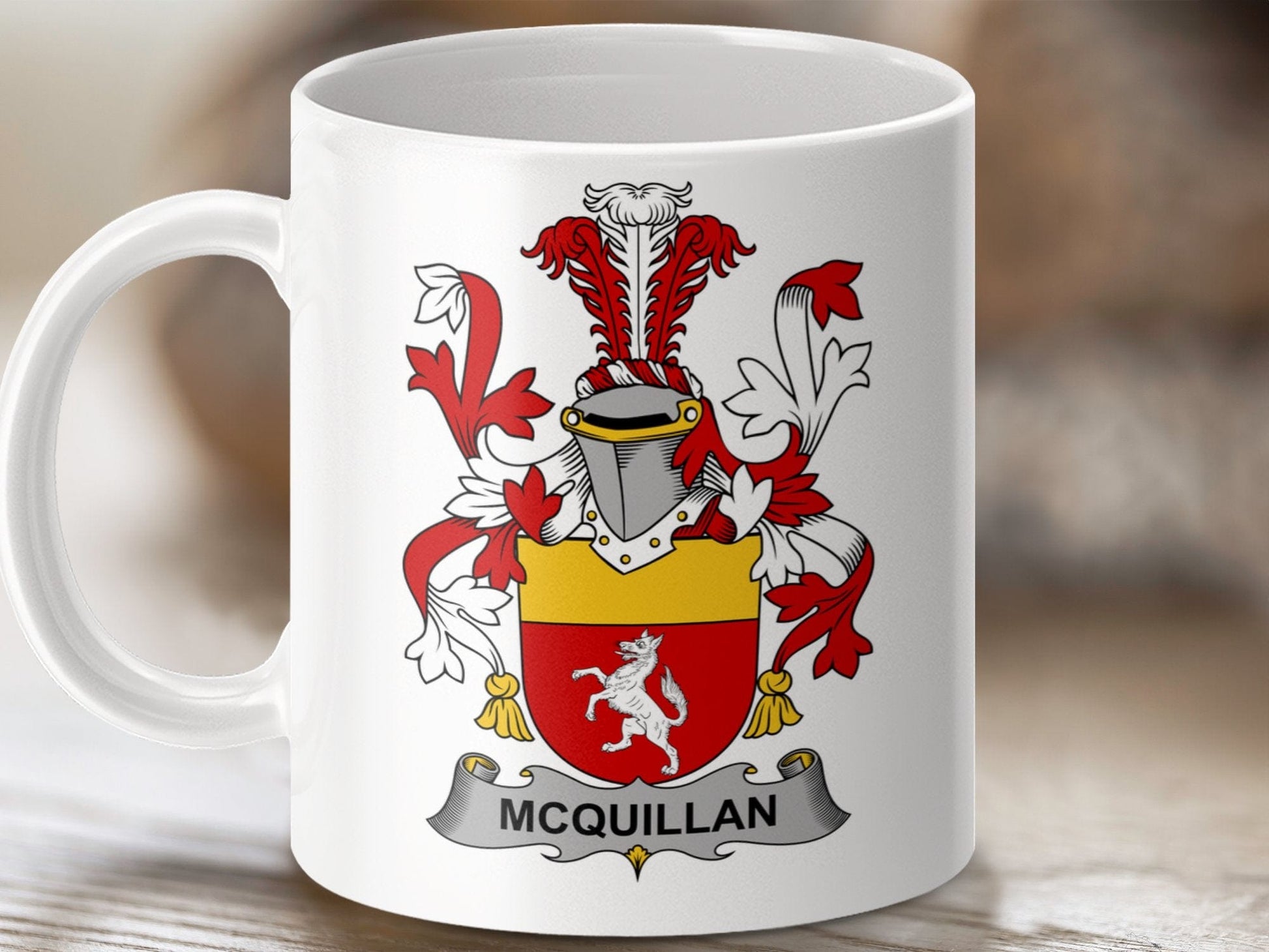 Physical Item 11oz / White McQuillan Surname Irish Heraldry Ceramic Mug