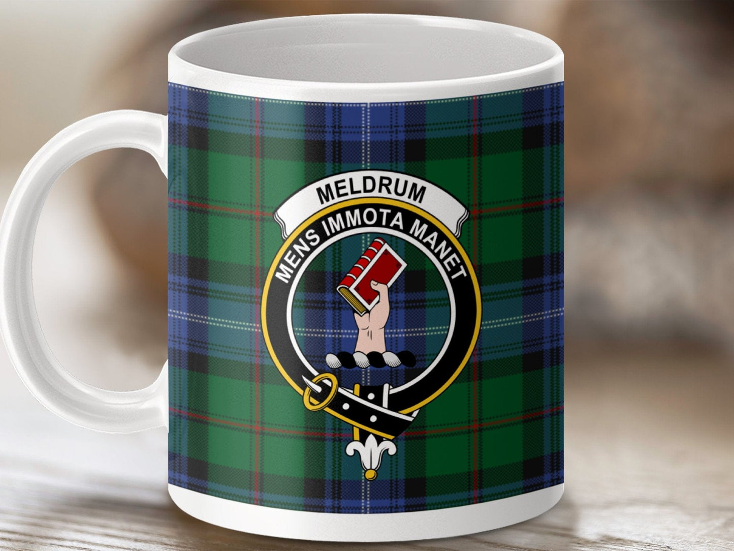 Physical Item 11oz / White Meldrum Clan Crest Tartan Scottish Mug