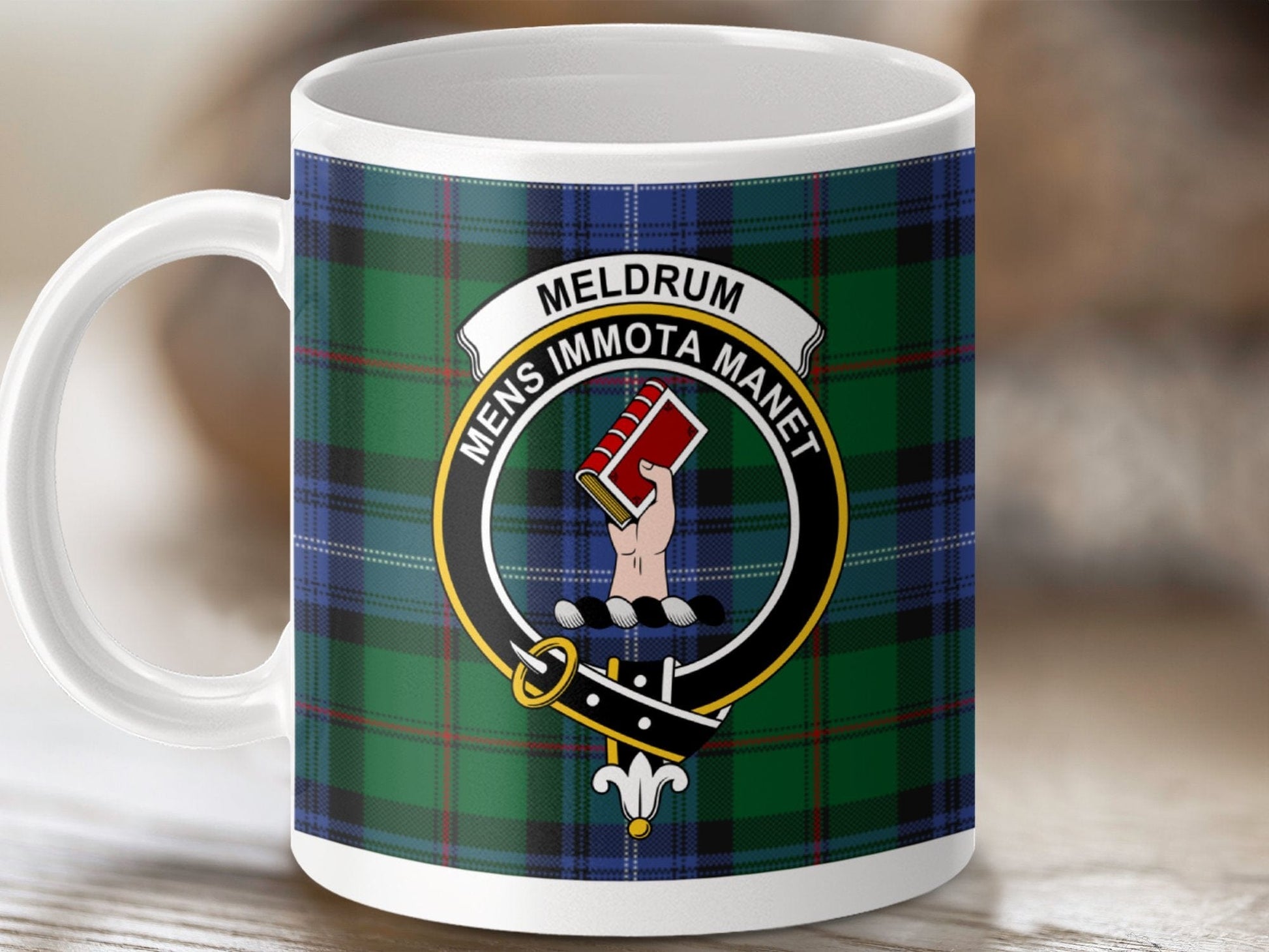 Physical Item 11oz / White Meldrum Clan Scottish Tartan Plaid Crest Mug