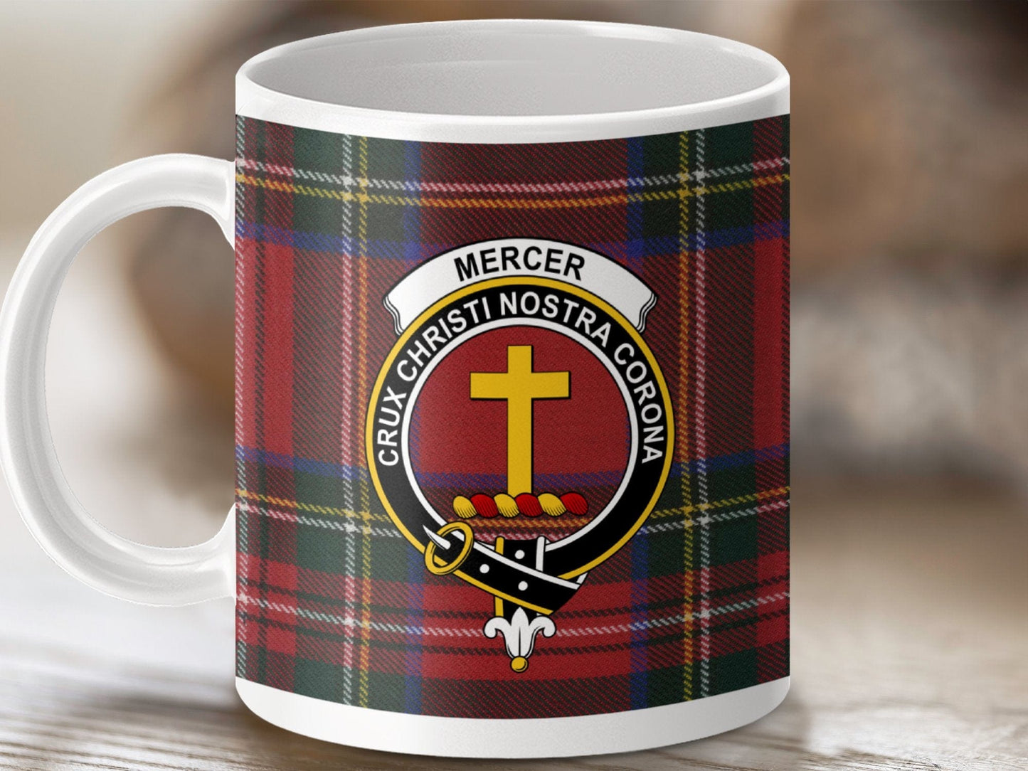 Physical Item 11oz / White Mercer Clan Crest Tartan Scottish Mug