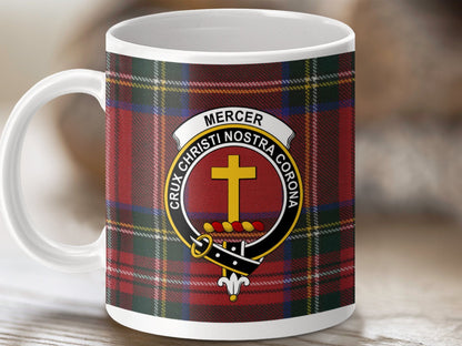 Physical Item 11oz / White Mercer Clan Crest Tartan Scottish Mug