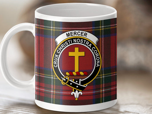 Physical Item 11oz / White Mercer Clan Scottish Tartan Crest Mug