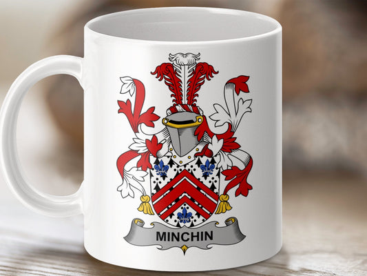 Physical Item 11oz / White Minchin Surname Irish Heraldry Ceramic Mug